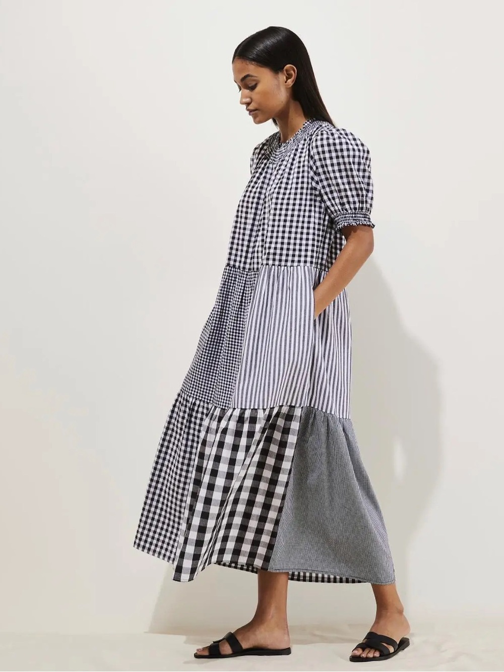 English Factory Patchwork Gingham Midi Dress in Black Multi L NWOT